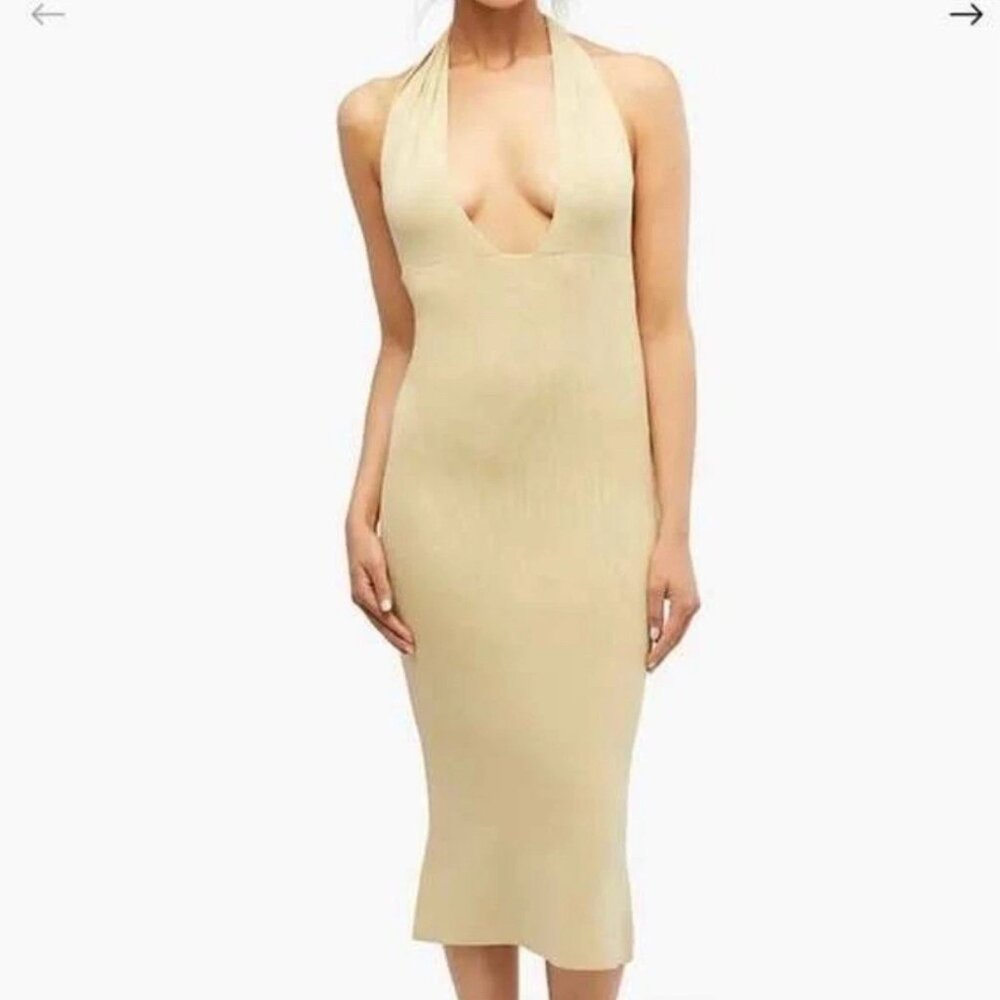 We Wore What Revolve Dress Womens Sz M Wheat Fully Fashioned Rib Halter Midi NWT